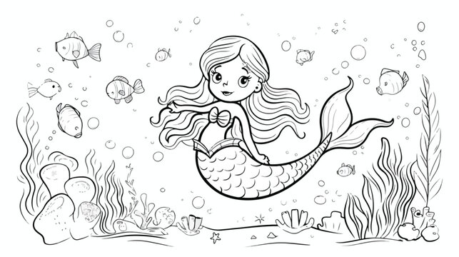 Coloring page with cute little mermaid. Outline vec