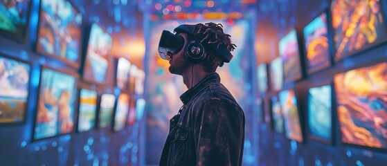 Virtual Art Gallery: A visual representation of a virtual art gallery or museum, with visitors wearing VR headsets