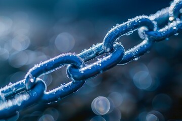 Close Up View of a Dew Covered Metal Chain with Shallow Depth of Field and Bokeh Background