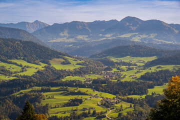 View from Sulzberg towards Riefensberg and Hochhäderich, Bregenzerwald, State of Vorarlberg,...