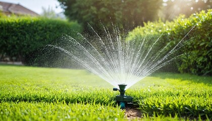 Sprinklers watering grass, green lawn in garden. Nature spring grass background texture