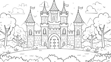 Coloring page with princess castle. Outline cartoon