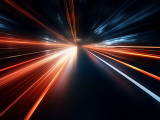 Fototapeta na wymiar Motion blurs as light and stripes speed across the dark.