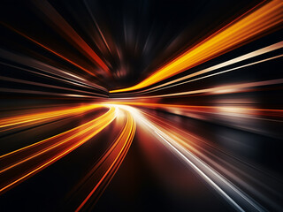 Fototapeta na wymiar Motion blurs as light and stripes speed across the darkness.