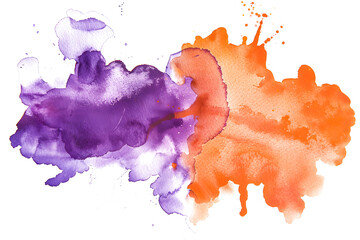 Abstract orange and purple watercolor blot design on white background.