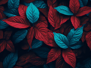 Digitally processed red and turquoise leaves offer a beautiful texture for any project.