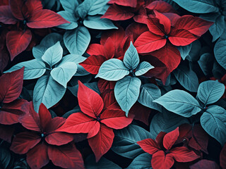 Red and turquoise leaves undergo artistic enhancement for stunning wallpaper or web design.