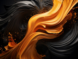 Abstract artwork showcases intertwining black and orange hues.