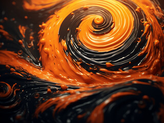Vibrant orange and black swirls form a captivating abstract pattern.