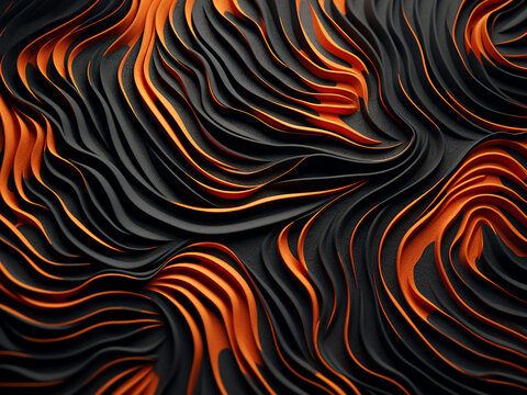 Captivating black and orange swirls form an abstract composition.