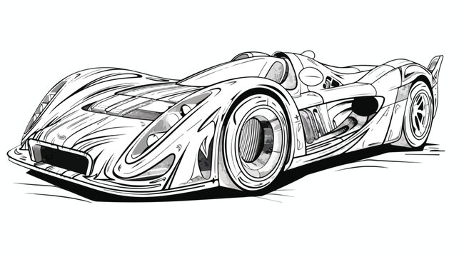 Coloring page with race car on white background. Ra