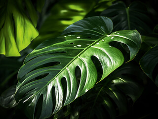 Backlit leaf of the tropical plant Monstera Deliciosa, known as Rib of Adam. - obrazy, fototapety, plakaty