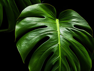 Detailed shot highlights the backlit leaf of Monstera Deliciosa plant.