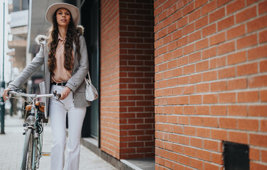 Stylish urban woman with a vintage bicycle standing by a brick wall.