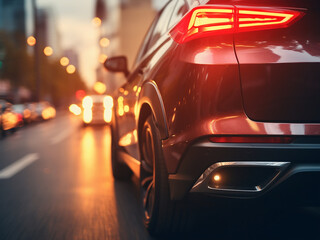 Blurred tail lights of vehicles illuminate the scene at dawn or dusk. - obrazy, fototapety, plakaty