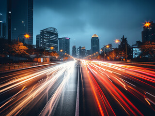 Fototapeta na wymiar Night lights blur as car traffic speeds past, creating dynamic motion.