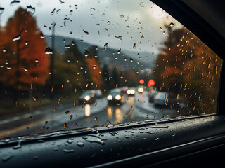Rain-blurred autumn cityscape seen through a car window.