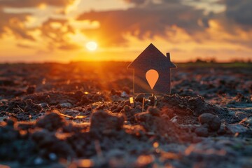House symbol with location pin and Empty dry cracked swamp reclamation soil, land plot for housing construction project with and beautiful sunset sky with fresh air Land for sales landscape concept - obrazy, fototapety, plakaty