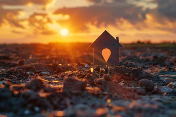 Gordijnen House symbol with location pin and Empty dry cracked swamp reclamation soil, land plot for housing construction project with and beautiful sunset sky with fresh air Land for sales landscape concept © TheNoteTravel