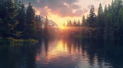 A peaceful sunset casting warm hues over a tranquil lake nestled amidst towering pine trees. - obrazy, fototapety, plakaty