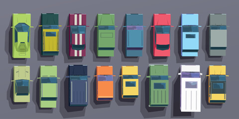 colorful various vehicles top view in set - obrazy, fototapety, plakaty