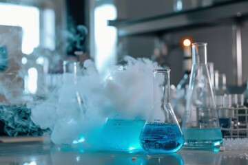 Vaporizing liquids in a chemistry lab with a lot of smoke. - obrazy, fototapety, plakaty
