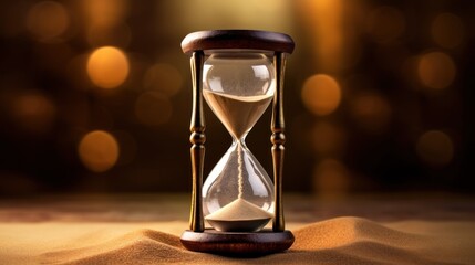 Vintage Hourglass on the Sand with Warm Bokeh Background Illustrating the Concept of Time Passing and History Unfolding - obrazy, fototapety, plakaty