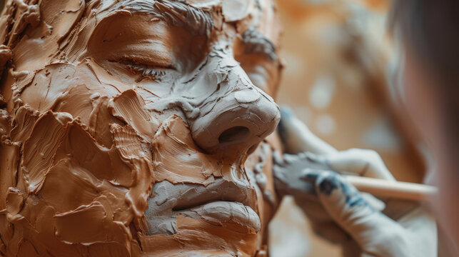 A Close-Up of a Designer Sculpting a Human Face from Clay in a Ceramic Studio