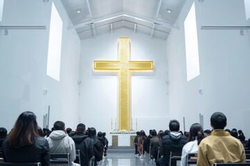 A Serene Scene of Diverse Worshippers in a Modern Church Setting, with a Prominent Cross Displayed in the Background. - obrazy, fototapety, plakaty