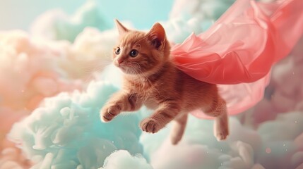 Tiny feline, mighty heart: Red-caped kitty hero flying in a pastel-colored sky, spreading joy