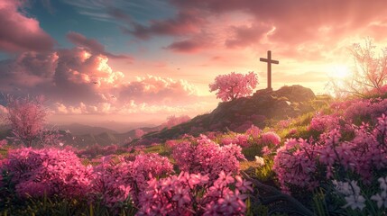Vibrant Easter morning scene with the cross on the hill, surrounded by blooming spring flowers