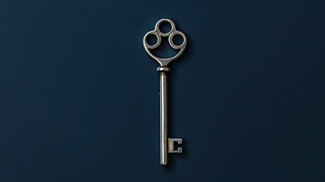 A shiny silver key resting on a plain dark navy surface, minimalist presentation, stock photography ai generated high quality image