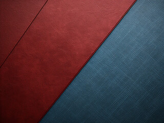 Cherry red and denim blue tones intersect on a cardboard background, divided diagonally.