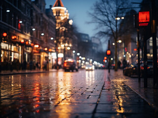 The city center's night street is portrayed with a blurred bokeh effect.