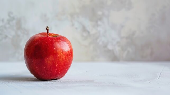 A single red apple placed delicately on a pristine white surface, minimalist style, real photo, stock photography