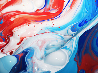 Detailed view of vibrant red, blue, and white fluid pouring in abstract acrylic painting.