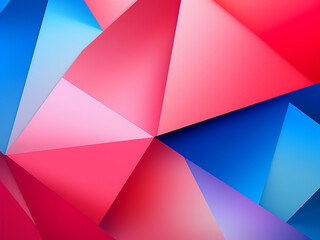 Geometric backdrop features trendy pink, blue, and red colors.