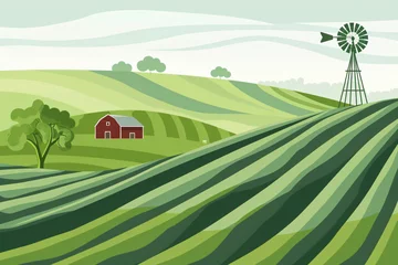 Gardinen Rural landscape with a farm on field. Beautiful nature with sunny green hills, red old barn and blue sky. Country background for card, banner, poster   © ratatosk