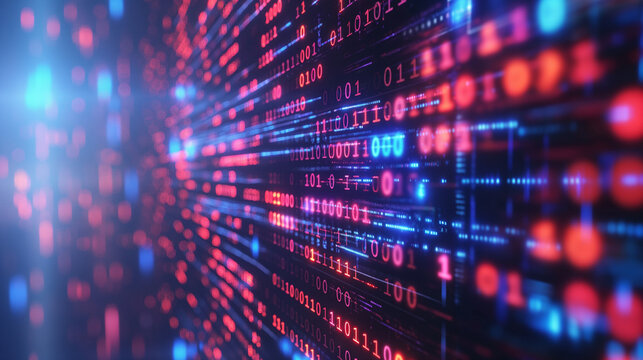 A blurred image of a computer screen displaying binary code, featuring vibrant colors like purple, magenta, and electric blue, creating a visually captivating visual effect lighting