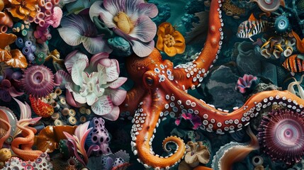 Captivating in its detail, a close-up view reveals fantastical creatures gleefully dancing amidst an enchanting underwater realm. - obrazy, fototapety, plakaty
