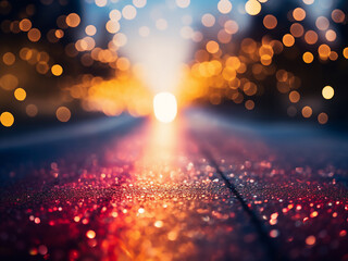 Bokeh background illuminated by car lights on the road. - obrazy, fototapety, plakaty