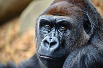 A detailed close up show of a male gorilla.