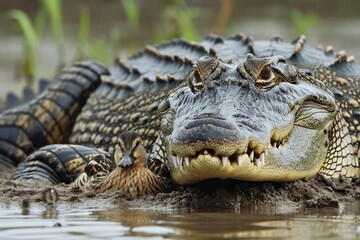 Fototapeta premium A crocodile is protecting a little duck.