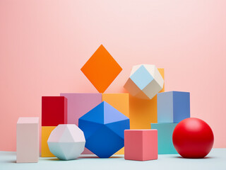 Obraz premium Vibrant geometric shapes adorn the pastel background, emphasizing minimalism.