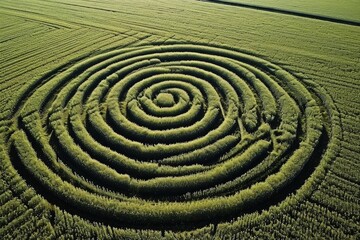 Fototapeta na wymiar Aerial view of geometric crop circles in a cornfield from a UFO.