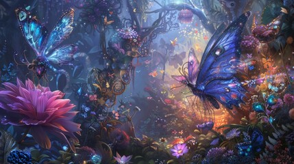 Captured in an enchanting extreme close-up, ethereal fairies weave their spells amidst a whimsically imagined garden, depicted in a captivating wallpaper design that enchants with its magical allure. - obrazy, fototapety, plakaty