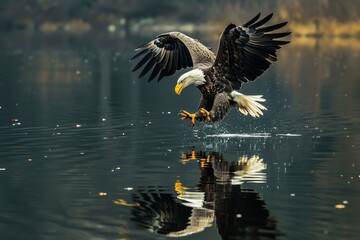 An eagle catching fish from the water surface of a lake.