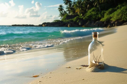 A message in a bottle at a tropical beach.