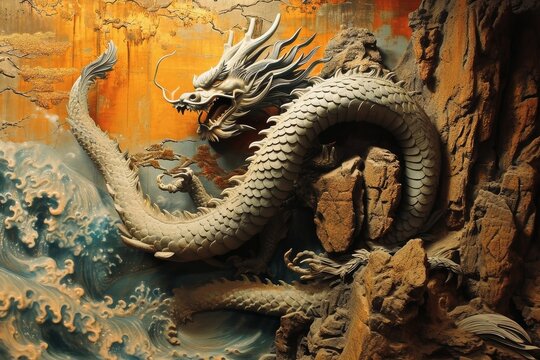 A three dimensional dragon comes out of a painting on a wall.