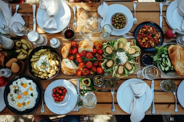 Obraz na płótnie Canvas Table top view on a typical greek meal.